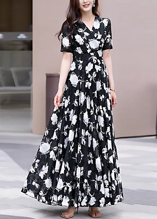 Boho Black V Neck Print Chiffon Long Dress Summer