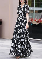 Boho Black V Neck Print Chiffon Long Dress Summer