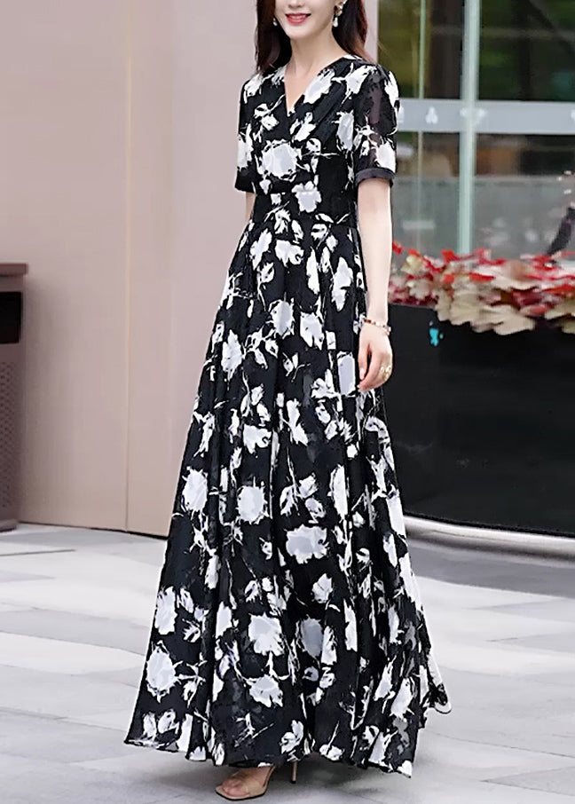 Boho Black V Neck Print Chiffon Long Dress Summer