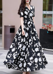 Boho Black V Neck Print Chiffon Long Dress Summer