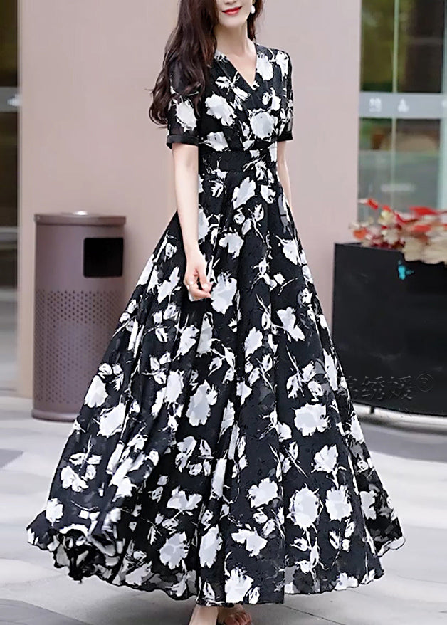 Boho Black V Neck Print Chiffon Long Dress Summer
