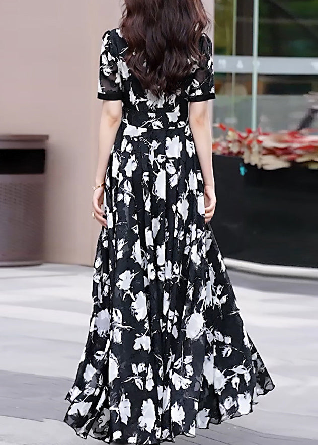 Boho Black V Neck Print Chiffon Long Dress Summer