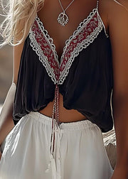 Boho Black V Neck Print Patchwork Cotton Tank Tops Summer