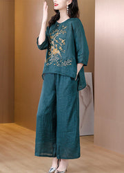 Boho Blackish Green Embroidered Low High Design Linen Two Pieces Set Spring
