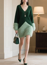 Boho Blackish Green Oversized Patchwork Faux Fur Knitwear Dress Winter