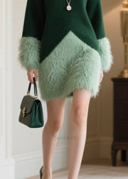 Boho Blackish Green Oversized Patchwork Faux Fur Knitwear Dress Winter