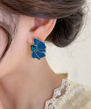 Boho Blue Alloy Crystal Drip Glaze Petal Stud Earrings