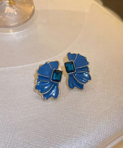 Boho Blue Alloy Crystal Drip Glaze Petal Stud Earrings