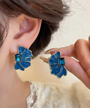 Boho Blue Alloy Crystal Drip Glaze Petal Stud Earrings