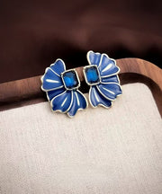 Boho Blue Alloy Crystal Drip Glaze Petal Stud Earrings