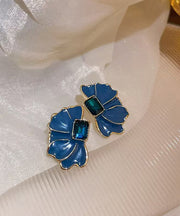 Boho Blue Alloy Crystal Drip Glaze Petal Stud Earrings