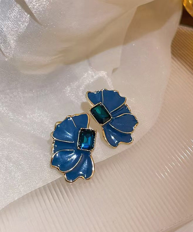 Boho Blue Alloy Crystal Drip Glaze Petal Stud Earrings
