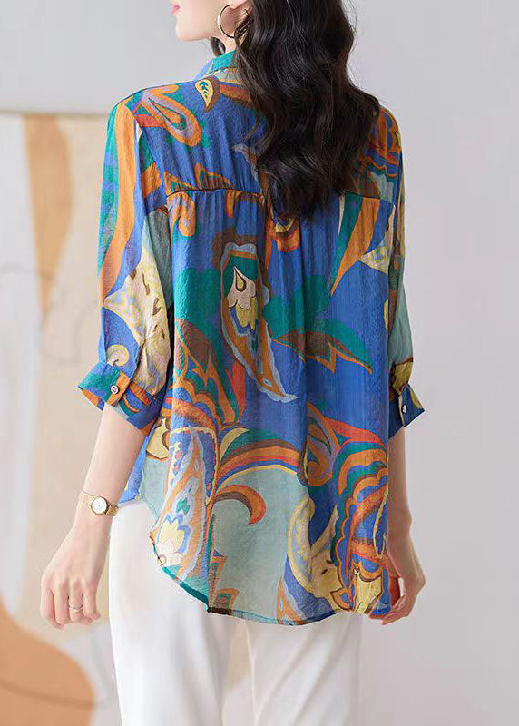 Boho Blue Button Zircon Patchwork Chiffon Shirt Tops Bracelet Sleeve