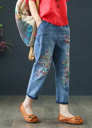 Boho Blue Embroidered Denim Crop Pants Summer