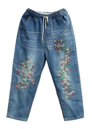 Boho Blue Embroidered Denim Crop Pants Summer