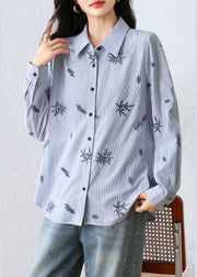 Boho Blue Embroidered Striped Cotton Top Fall