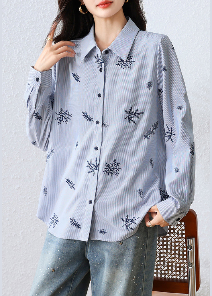 Boho Blue Embroidered Striped Cotton Top Fall