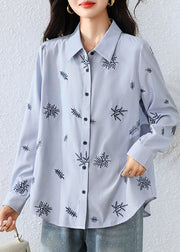 Boho Blue Embroidered Striped Cotton Top Fall