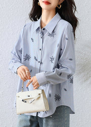 Boho Blue Embroidered Striped Cotton Top Fall