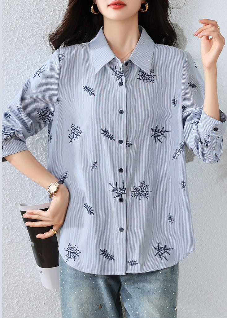Boho Blue Embroidered Striped Cotton Top Fall