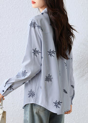 Boho Blue Embroidered Striped Cotton Top Fall