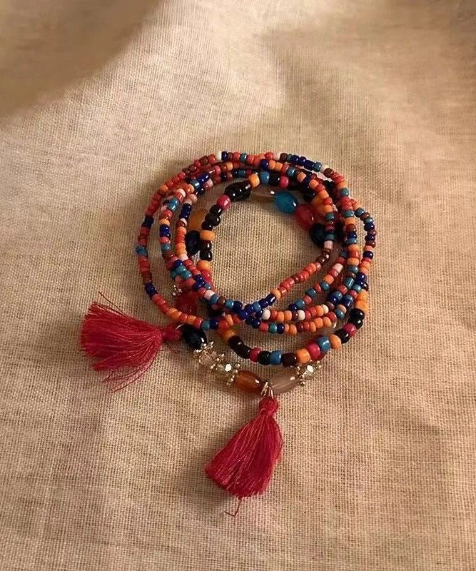 Boho Blue Hand Woven Multilayer Beading Tassel Charm Bracelet