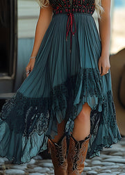 Boho Blue Lace Wrinkled Patchwork Cotton Spaghetti Strap Dress Summer