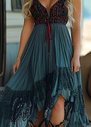 Boho Blue Lace Wrinkled Patchwork Cotton Spaghetti Strap Dress Summer
