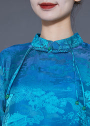 Boho Blue Mandarin Collar Print Tassel Silk Robe Dresses Summer