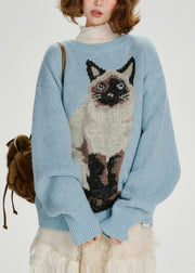 Boho Blue Oversized Dog Jacquard Knit Sweater Tops Winter