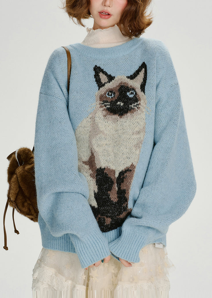 Boho Blue Oversized Dog Jacquard Knit Sweater Tops Winter