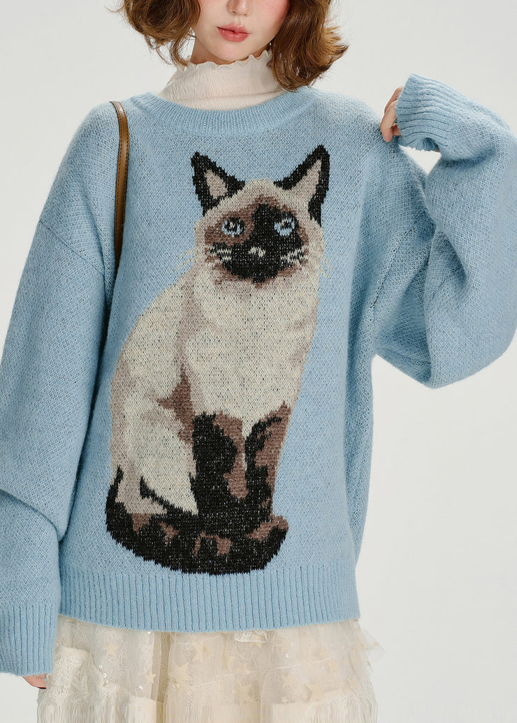 Boho Blue Oversized Dog Jacquard Knit Sweater Tops Winter