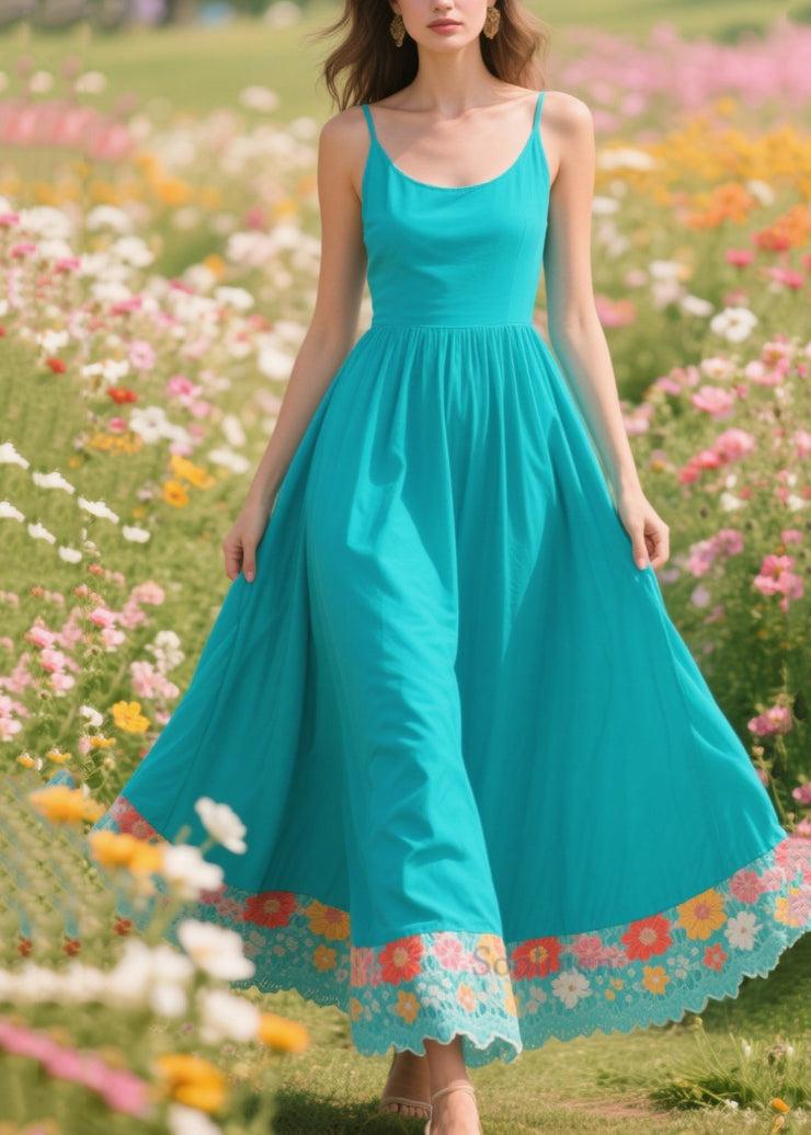 Boho Blue Patchwork Exra Large Hem Cotton Long Dresses Summer