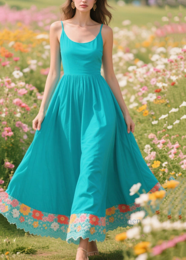 Boho Blue Patchwork Exra Large Hem Cotton Long Dresses Summer
