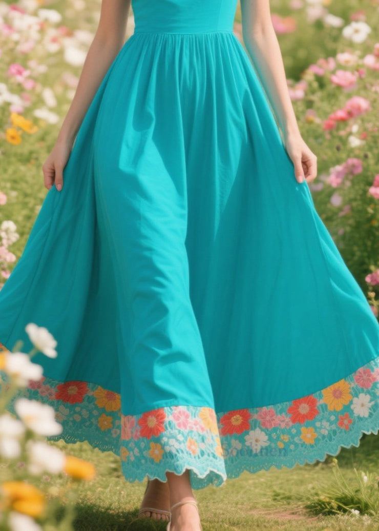 Boho Blue Patchwork Exra Large Hem Cotton Long Dresses Summer