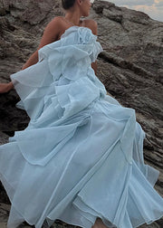 Boho Blue Ruffled Asymmetrical Design Chiffon Spaghetti Strap Dress Summer