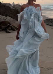 Boho Blue Ruffled Asymmetrical Design Chiffon Spaghetti Strap Dress Summer