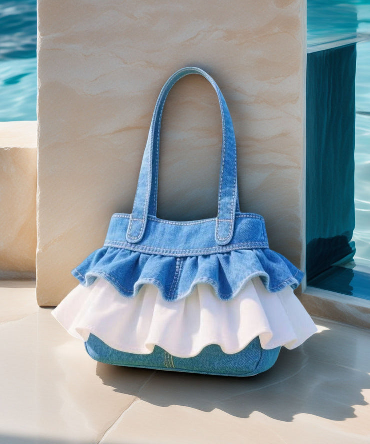 Boho Blue Ruffled Patchwork Lace Denim Women Handbags