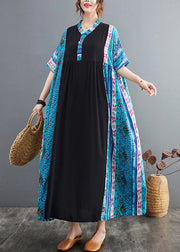 Boho Blue Ruffled Print Patchwork Cotton Exra Large Hem Dress Summer