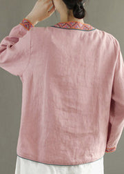 Boho Blue V Neck Embroideried Button Linen Shirt Long Sleeve