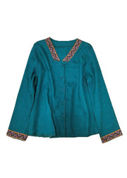 Boho Blue V Neck Embroideried Button Linen Shirt Long Sleeve