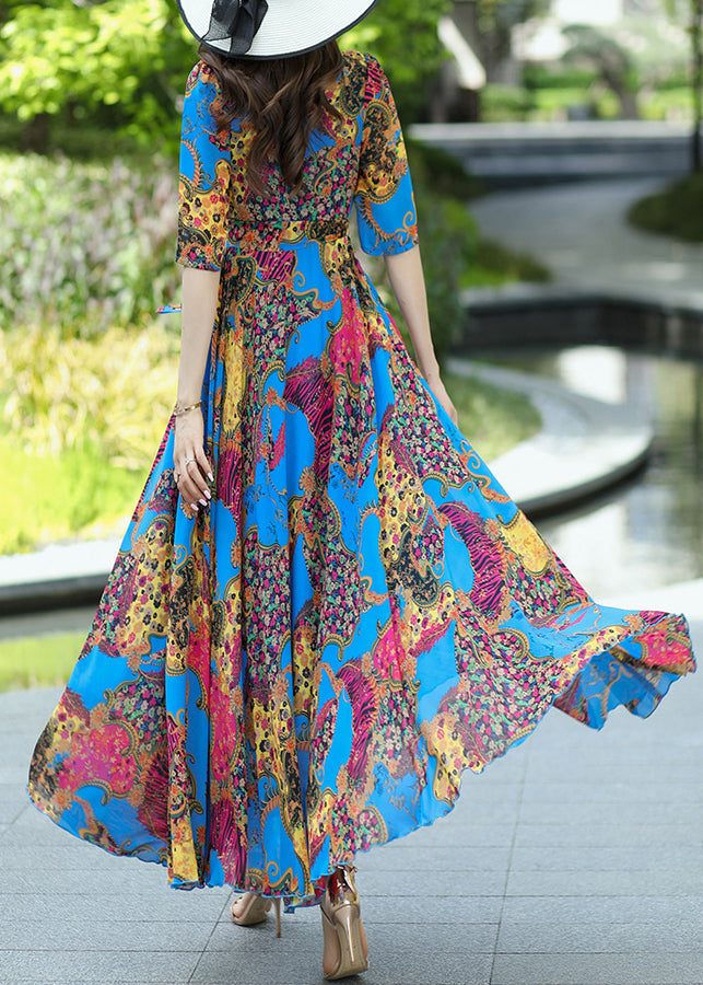 Boho Blue V Neck Print Lace Up Chiffon Dress Summer