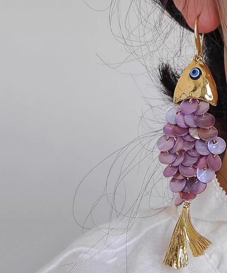 Boho Blue Weave Shell Small Fish Tassel Drop Earrings
