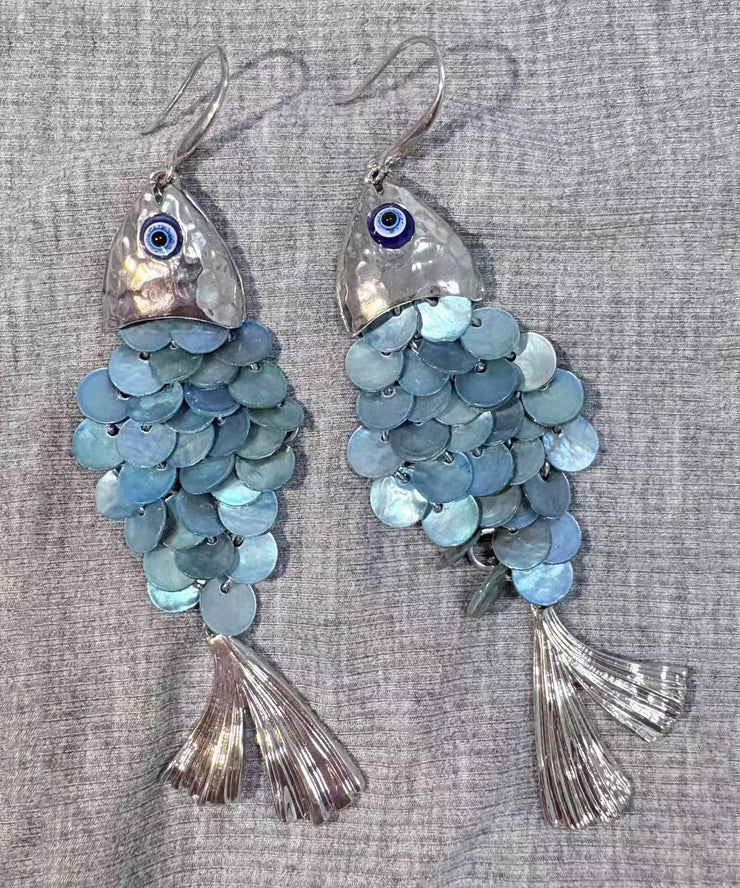 Boho Blue Weave Shell Small Fish Tassel Drop Earrings