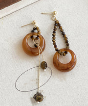 Boho Brown Alloy Gem Stone Petal Tassel Asymmetric Drop Earrings