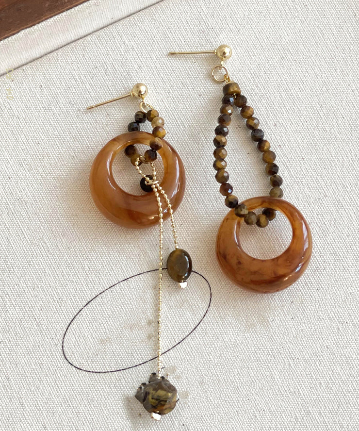 Boho Brown Alloy Gem Stone Petal Tassel Asymmetric Drop Earrings