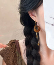 Boho Brown Alloy Gem Stone Petal Tassel Asymmetric Drop Earrings