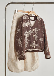 Boho Brown Embroidered Floral Decorated Cotton Jackets Fall