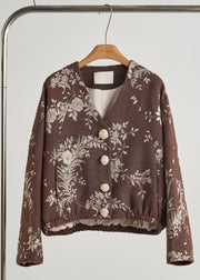 Boho Brown Embroidered Floral Decorated Cotton Jackets Fall