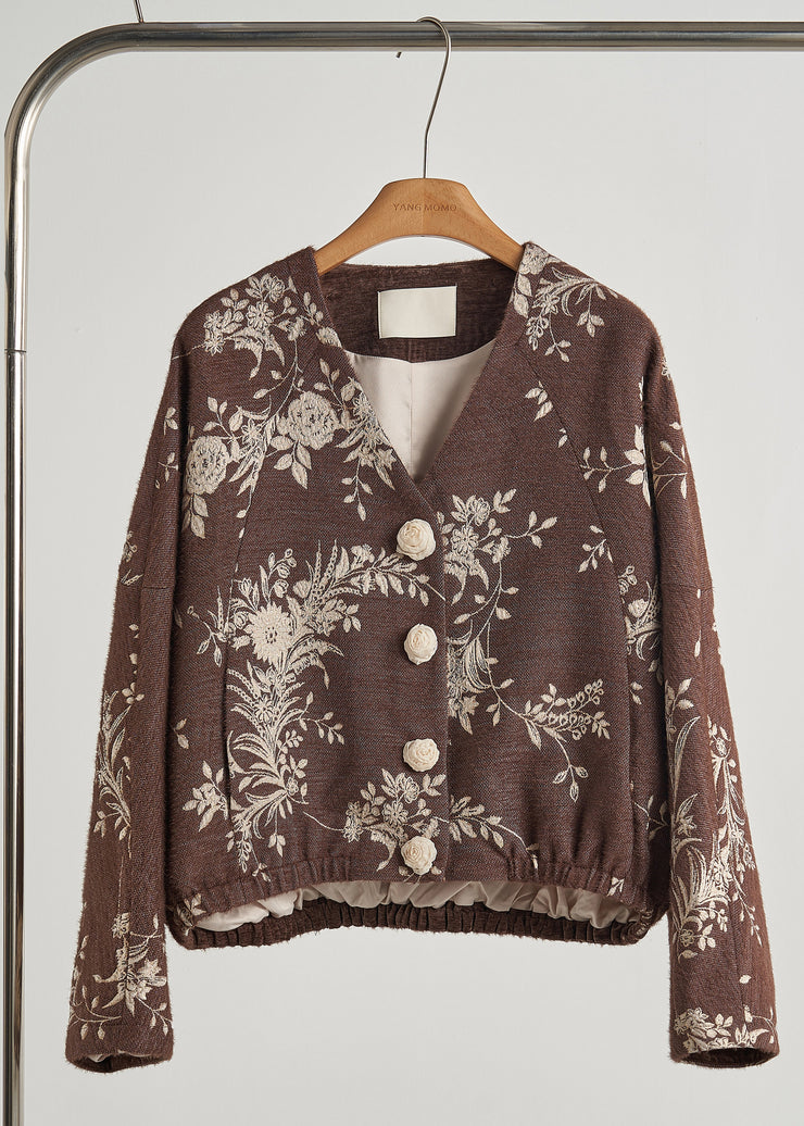 Boho Brown Embroidered Floral Decorated Cotton Jackets Fall